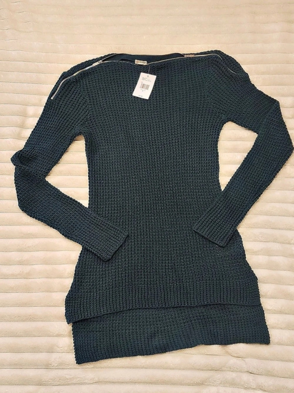 GUESS Audrey Cable Sweater Women M Deep Teal Shoulder Zippers NWT $55